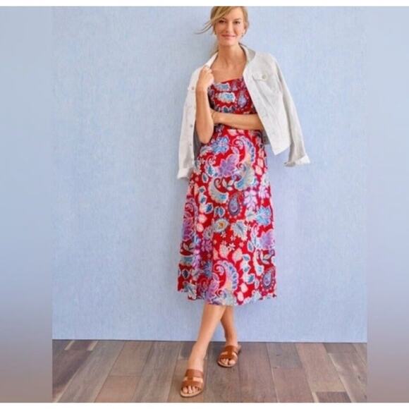 Talbots Womens Fit And Flare Midi Dress 16 Red Colorful Paisley Cotton Summer - Picture 2 of 10